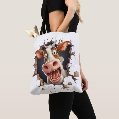 Funny mad cow cartoon face peeking farm animals tote bag