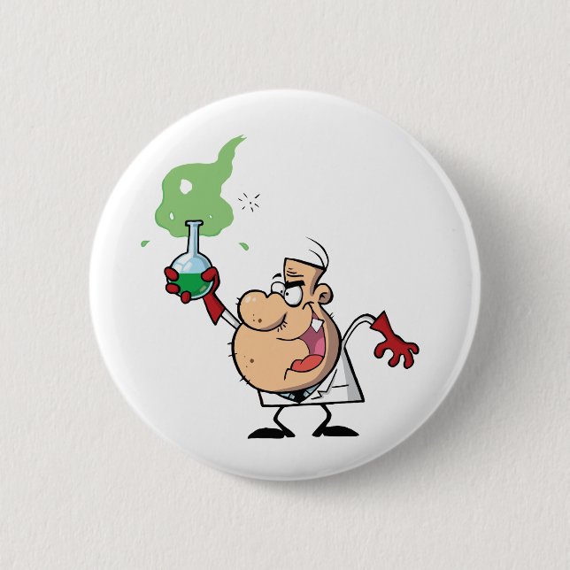 Funny Mad Scientist Holding Green Potion Button (Front)