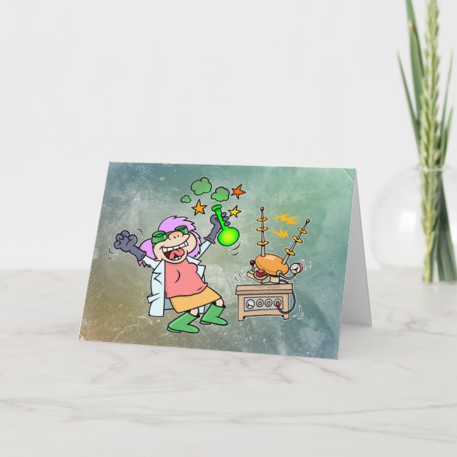 Funny Mad Scientist Woman Cartoon Card (Front)