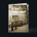 Funny mafia birthday customizable greeting card<br><div class="desc">Funny birthday greeting card with a sepia photo of two old men in Italy having a discussion on the street with a fiat car in the background, thereby creating a scene just like in an italian mafia Godfather movie with the tekst: 'I make him an offer he can't refuse'. The...</div>