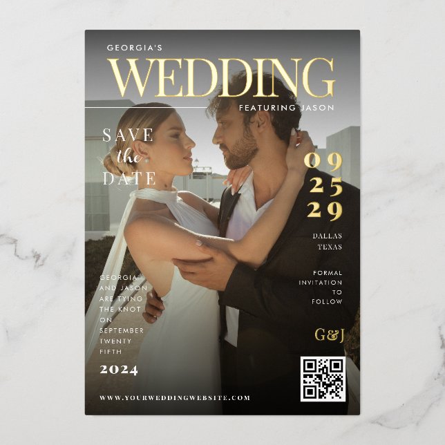 Funny Magazine Cover Dark Photo Unique Wedding Foil Invitation (Front)