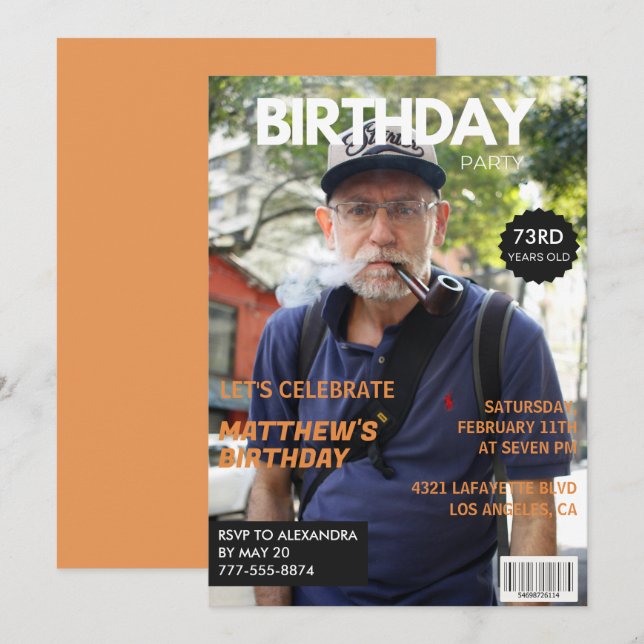 Funny Magazine Editorial Photo 73rd birthday Invitation (Front/Back)