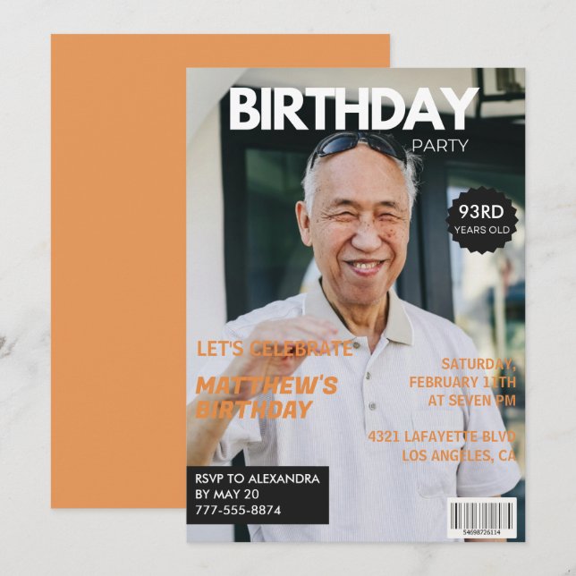 Funny Magazine Editorial Photo 93rd birthday Invitation (Front/Back)