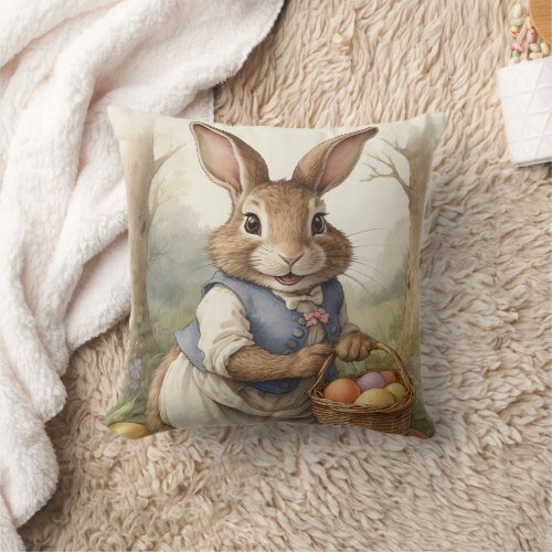 Funny Magical Easter Bunny Eggs Hunt in Meadow  Throw Pillow