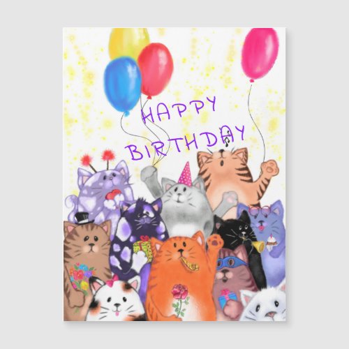 Funny Magnets Birthday Card with Happy Cat Party