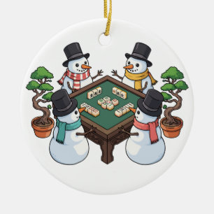 Funny Mahjong Christmas Snowmen Chinese Game Ceramic Ornament