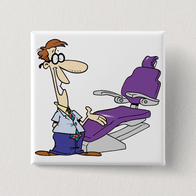 Funny Male Dentist and Purple Dental Chair Button (Front)