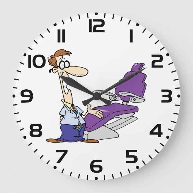 Funny Male Dentist and Purple Dental Chair Large Clock (Front)