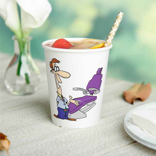 Funny Male Dentist and Purple Dental Chair Paper Cups (Creator Uploaded)