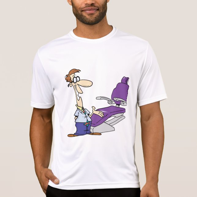Funny Male Dentist and Purple Dental Chair T-Shirt (Front)