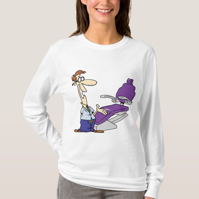 Funny Male Dentist and Purple Dental Chair T-Shirt (Front)