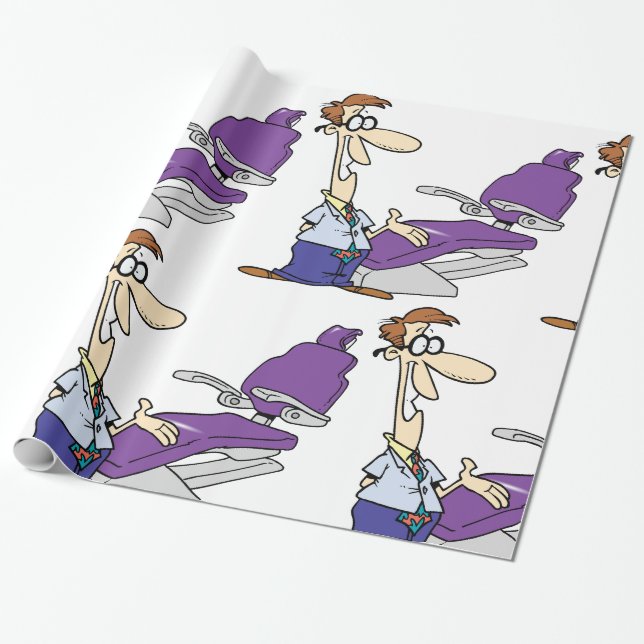 Funny Male Dentist and Purple Dental Chair Wrapping Paper (Unrolled)