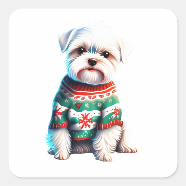 Funny Maltese in Christmas Sweater Sticker (Front)