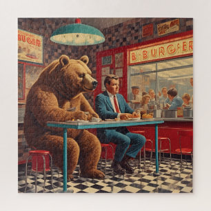 Funny Man and Bear at Retro Diner Jigsaw Puzzle