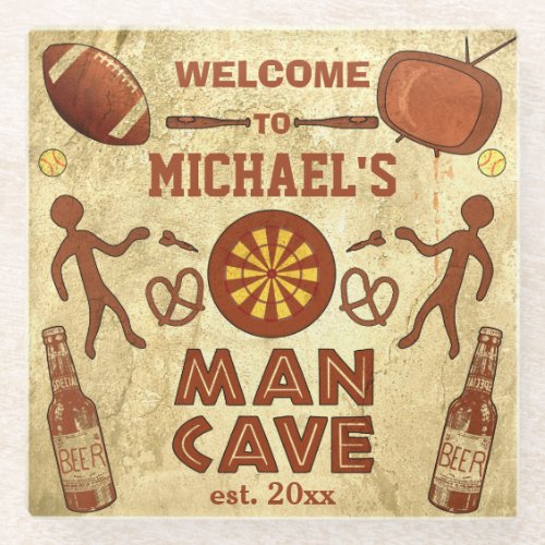 Funny Man Cave Custom Name  Beer Darts Sports TV Glass Coaster