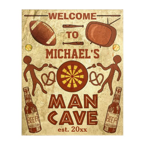 Funny Man Cave with Beer Sports TV  Custom Name Acrylic Print