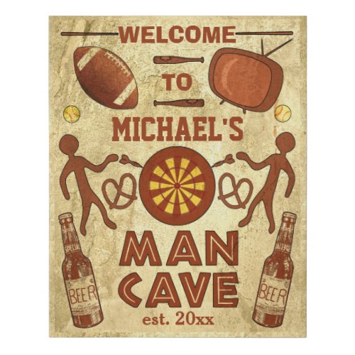 Funny Man Cave with Beer Sports TV  Custom Name Faux Canvas Print