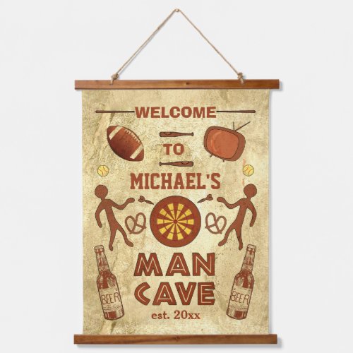 Funny Man Cave with Beer Sports TV  Custom Name Hanging Tapestry