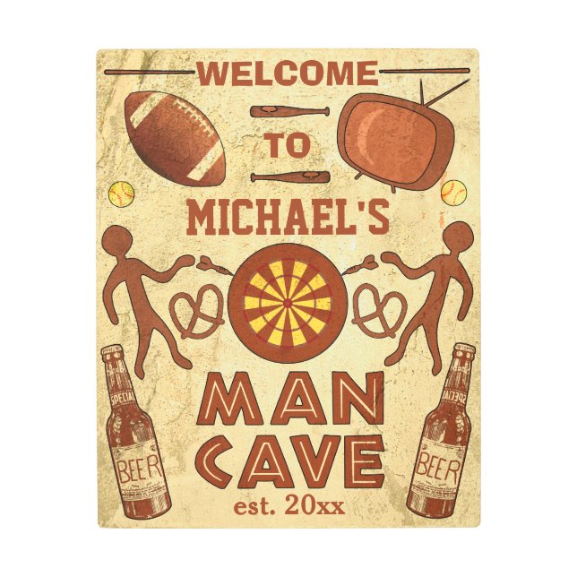 Funny Man Cave with Beer Sports TV | Custom Name Metal Print (Front)