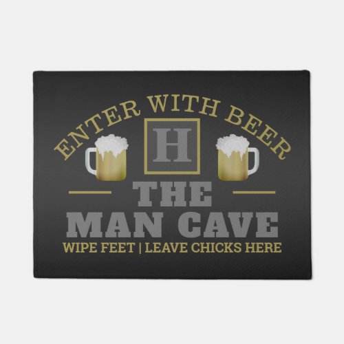 Funny MAN CAVE with Monogram and Beer on GREY Doormat