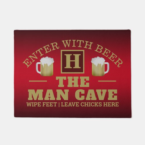 Funny MAN CAVE with Monogram and Beer on RED Doormat
