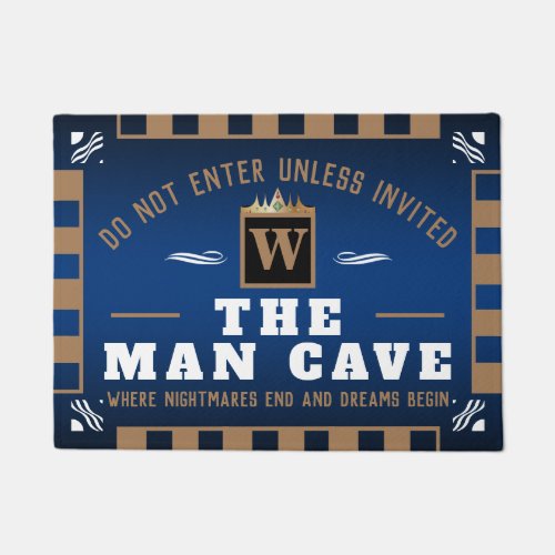 Funny MAN CAVE with Monogram  DEEP BLUE Welcome Doormat