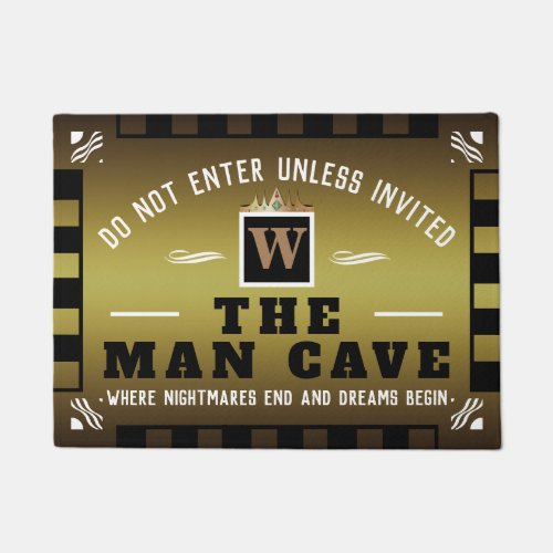 Funny MAN CAVE with Monogram  GOLD Welcome Doormat