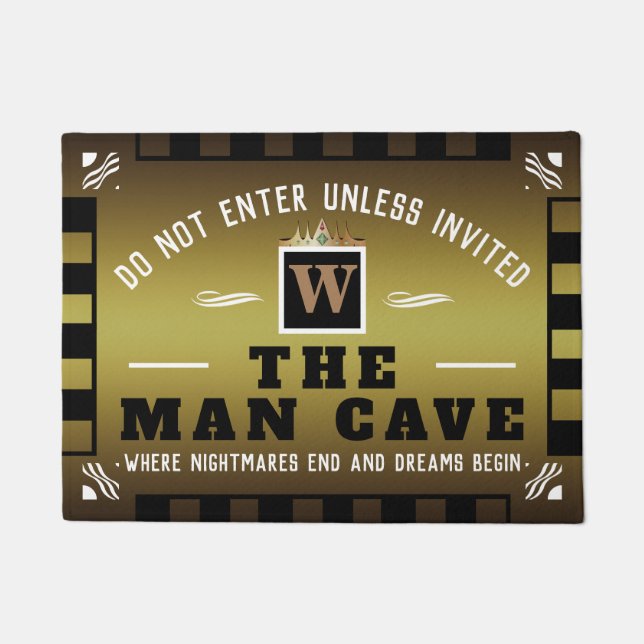 Funny MAN CAVE with Monogram | GOLD Welcome Doormat (Front)