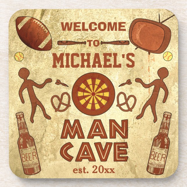 Funny Man Cave with Your Name Custom Beverage Coaster (Front)