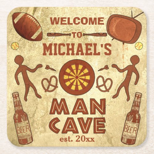 Funny Man Cave with Your Name Custom Square Paper Coaster