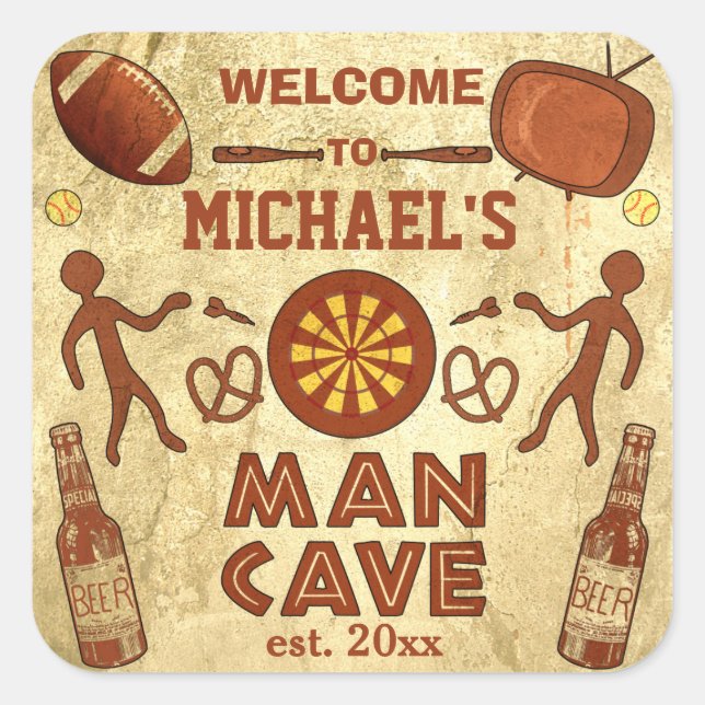 Funny Man Cave with Your Name Custom Square Sticker (Front)