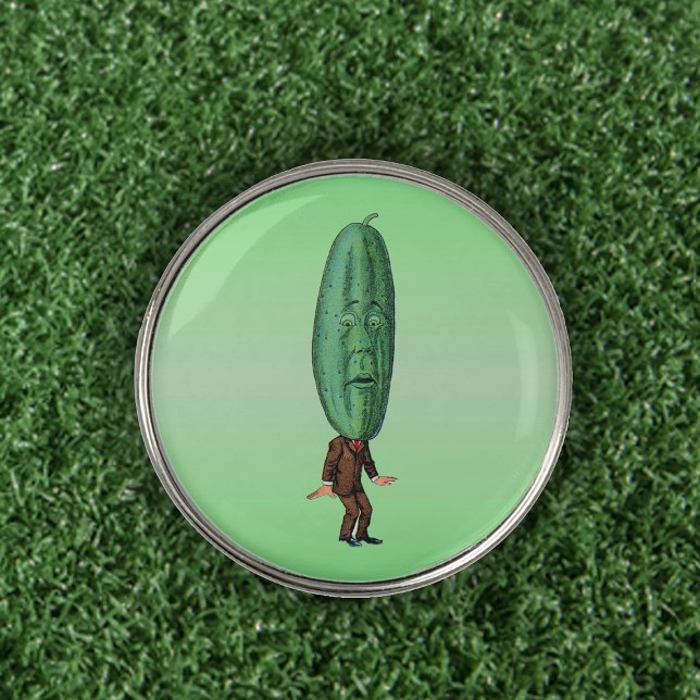 Funny Man in Brown Suit Big Green Pickle Head Golf Ball Marker (Fun green pickle head man with face in brown suit on green golf ball markers.)