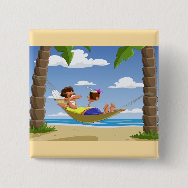 Funny Man Relaxing in Beach Hammock Button (Front)