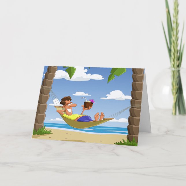 Funny Man Relaxing in Beach Hammock Card (Front)
