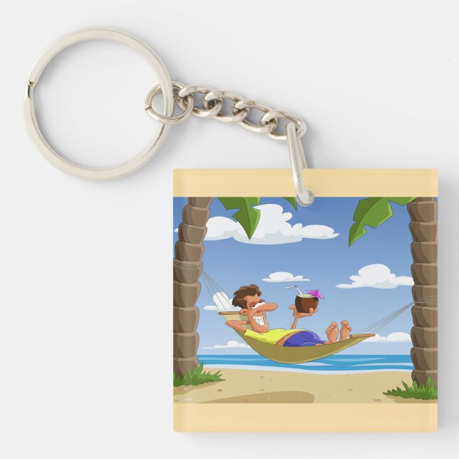 Funny Man Relaxing in Beach Hammock Keychain (Front)