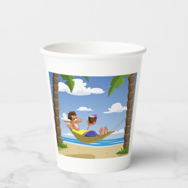 Funny Man Relaxing in Beach Hammock Paper Cups (Front)