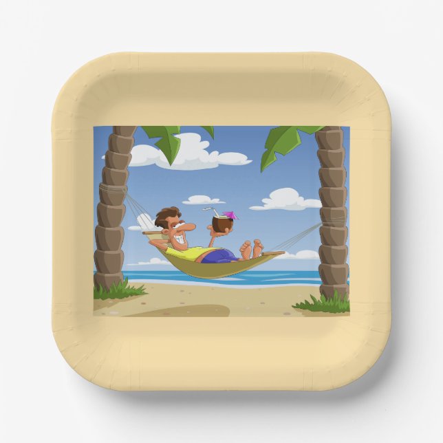 Funny Man Relaxing in Beach Hammock Paper Plates (Front)