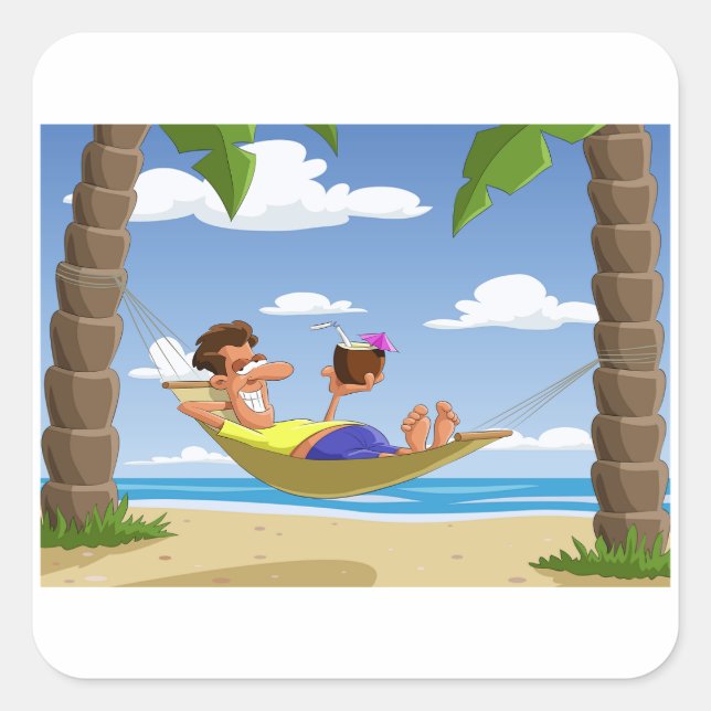 Funny Man Relaxing in Beach Hammock Square Sticker (Front)