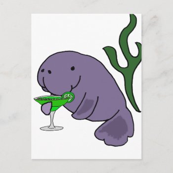 Funny Manatee Drinking Margarita Cartoon Postcard by naturesmiles at Zazzle