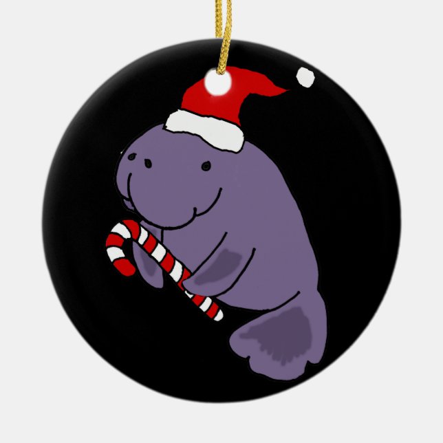 Funny Manatee in Santa Hat Christmas Cartoon Ceramic Ornament (Front)