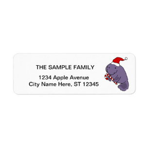 Funny Manatee in Santa Hat Christmas Cartoon Label