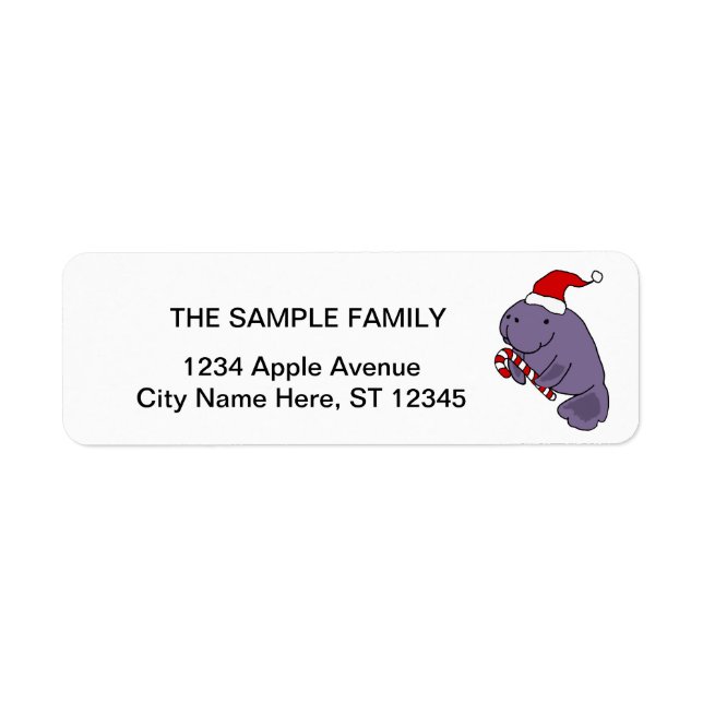 Funny Manatee in Santa Hat Christmas Cartoon Label (Front)