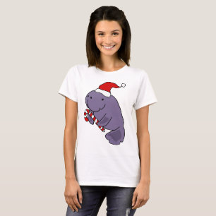 Funny Manatee in Santa Hat Christmas Cartoon T-Shirt
