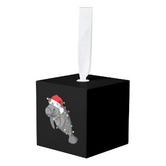 Funny Manatee In Santa Hat Manatee Christmas Pajam Cube Ornament