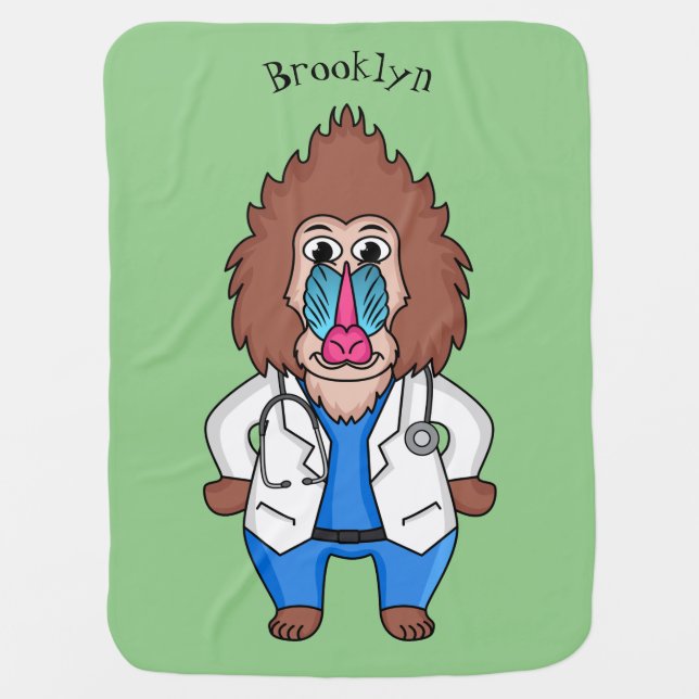 Funny mandrill doctor cartoon illustration baby blanket (Front)