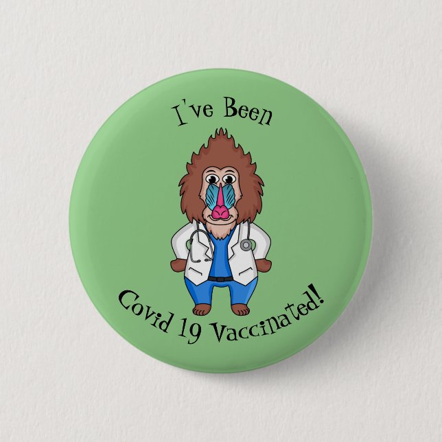 Funny mandrill doctor cartoon illustration button (Front)