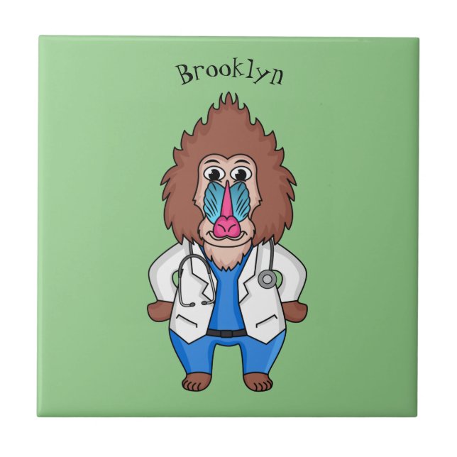 Funny mandrill doctor cartoon illustration ceramic tile (Front)
