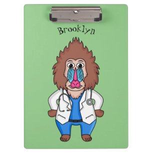 Funny mandrill doctor cartoon illustration clipboard