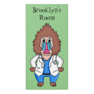 Funny mandrill doctor cartoon illustration door sign
