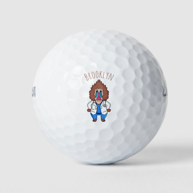 Funny mandrill doctor cartoon illustration golf balls (Front)